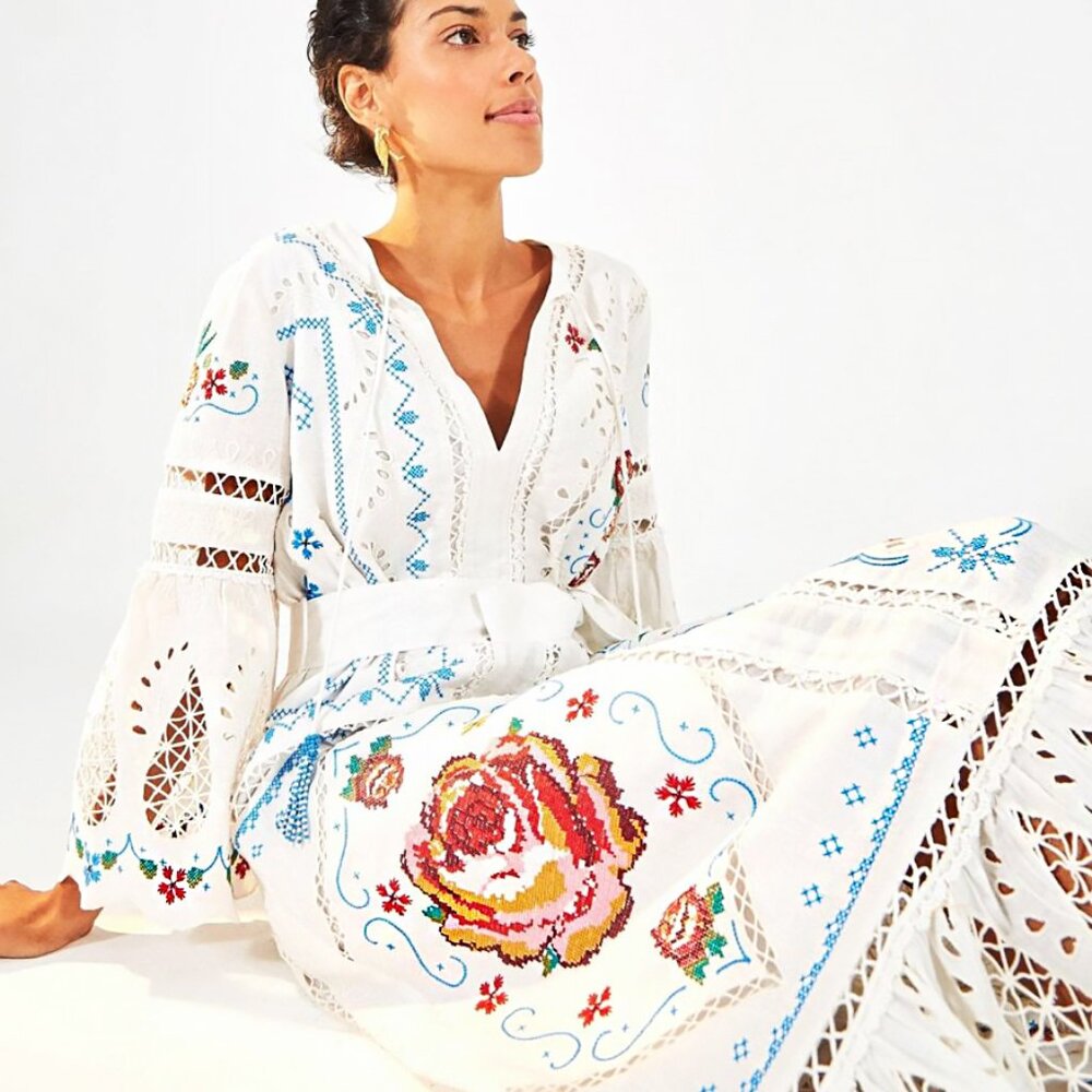 FARM RIO White Multi Colored Embroidered Scarf Maxi Dress - Picture 2 of 16